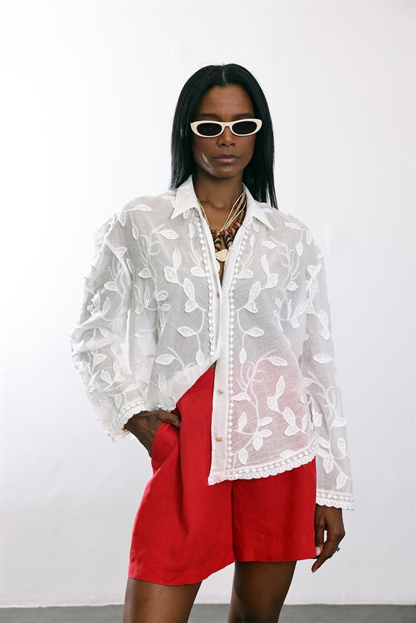 Beyaz Yaprak Desenli Gömlek 39719