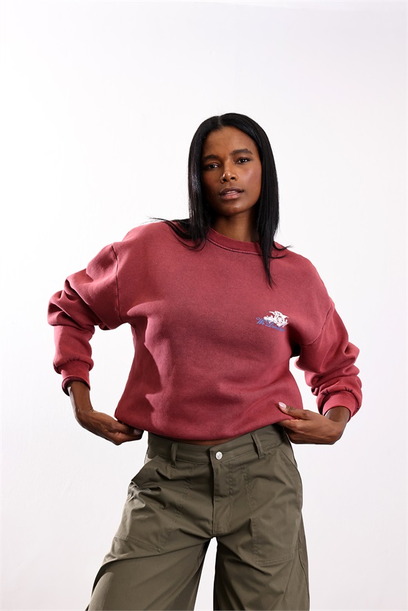 Bordo Arkası Baskılı Bisiklet Yaka Sweatshirt 954