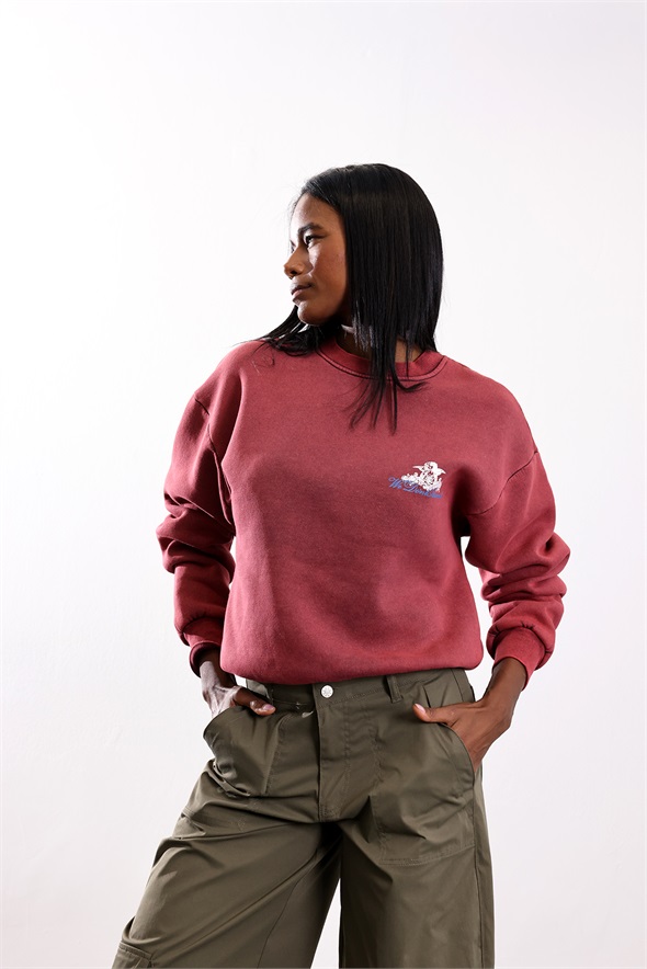 Bordo Arkası Baskılı Bisiklet Yaka Sweatshirt 954