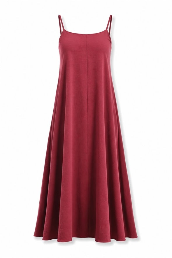 Bordo Askılı Dökümlü Elbise 2975