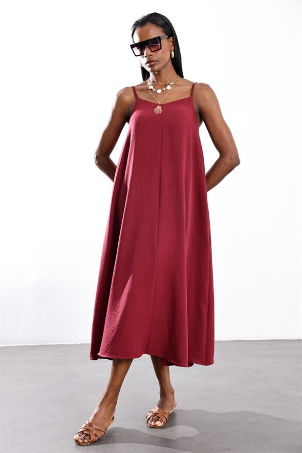 Bordo Askılı Dökümlü Elbise 2975