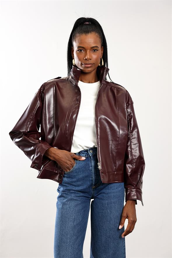 Bordo Deri Bomber Ceket 0618