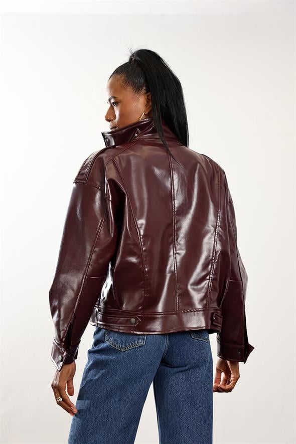 Bordo Deri Bomber Ceket 0618