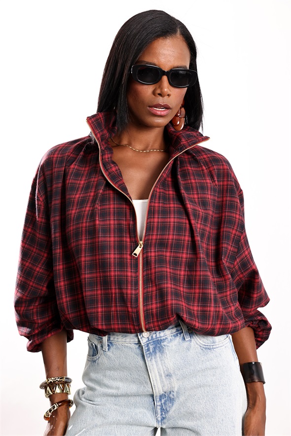 Bordo Dik Yaka Ekose Bomber Ceket 9784