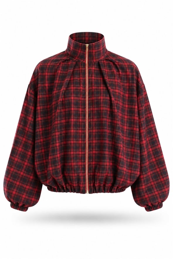 Bordo Dik Yaka Ekose Bomber Ceket 9784