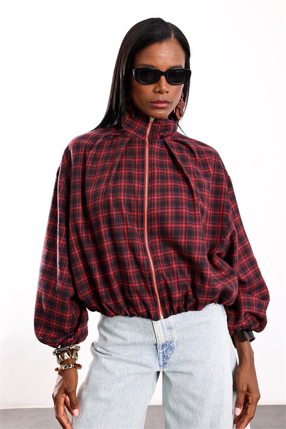 Bordo Dik Yaka Ekose Bomber Ceket 9784