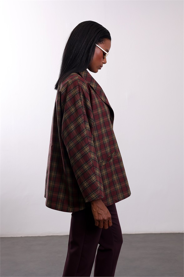 Bordo Ekose Desen Dik Yaka Ceket 9826