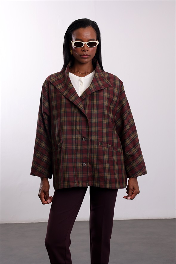 Bordo Ekose Desen Dik Yaka Ceket 9826