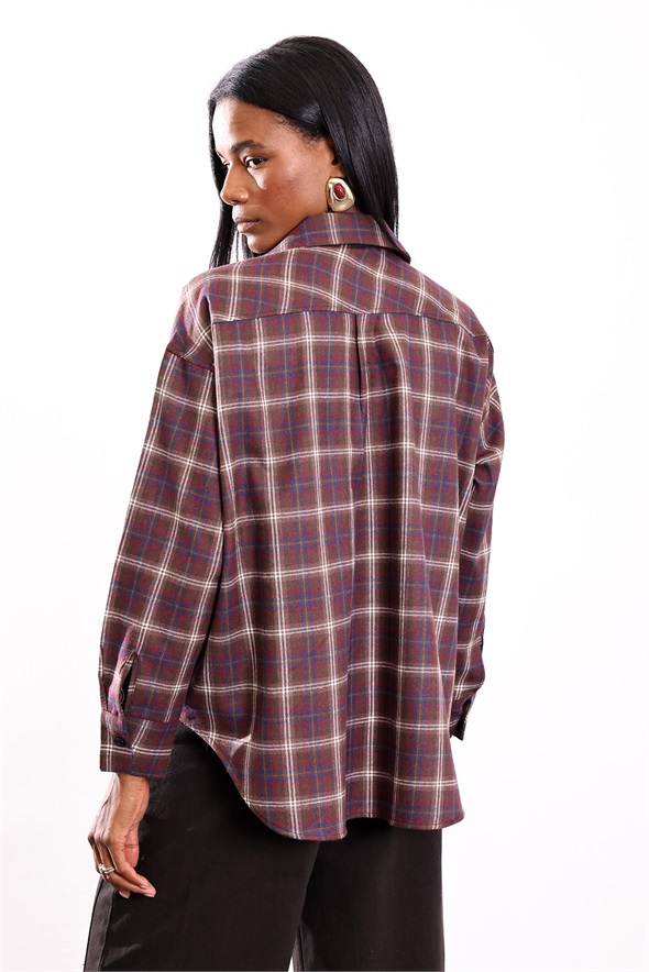 Bordo Ekose Desen Oversize Gömlek 6648