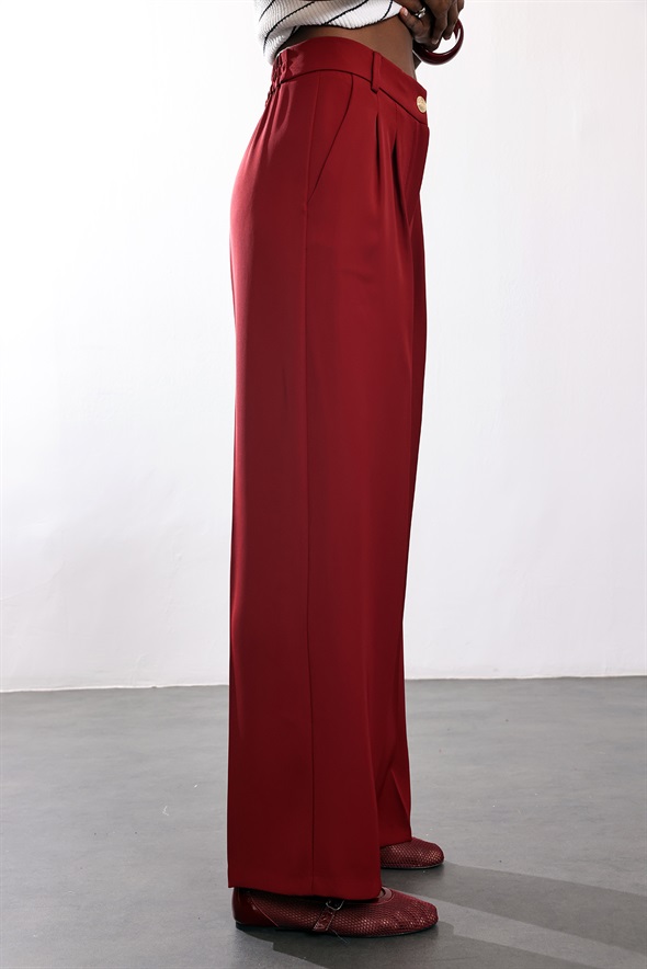 Bordo Gold Düğmeli Palazzo Pantolon 4386