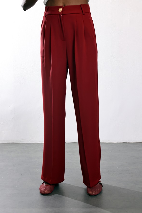 Bordo Gold Düğmeli Palazzo Pantolon 4386