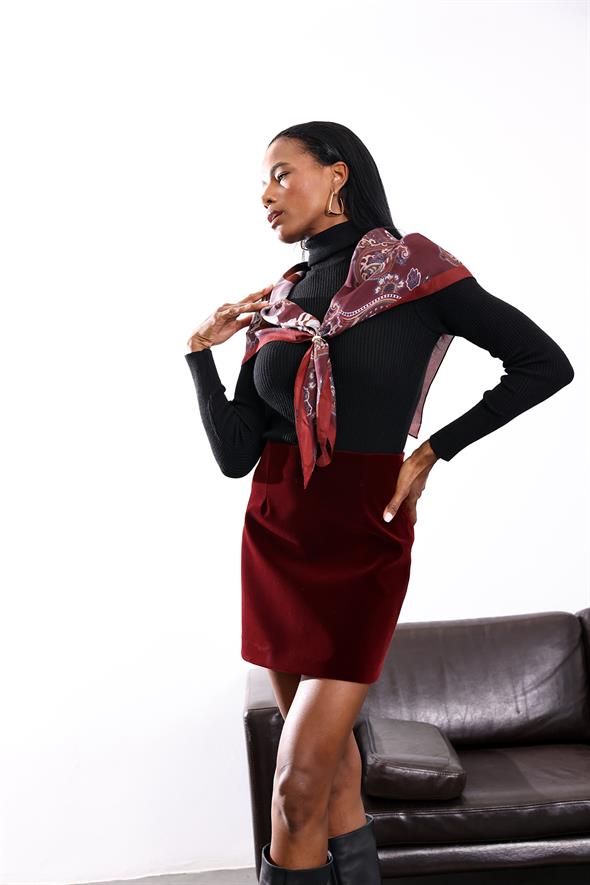 Bordo Kadife Mini Etek 