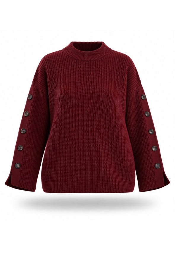 Bordo Kolları Düğmeli Kazak 