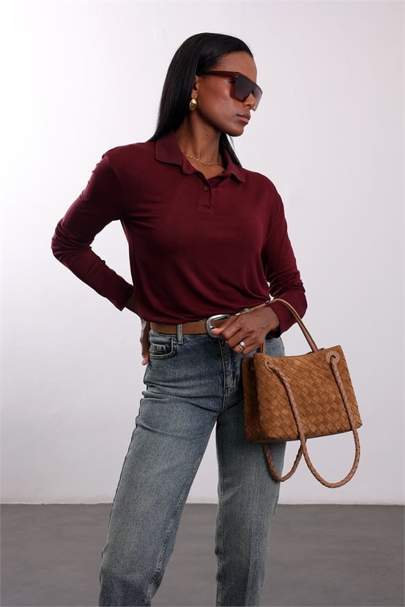 Bordo Polo Yaka Uzun Kol Tişört 4944