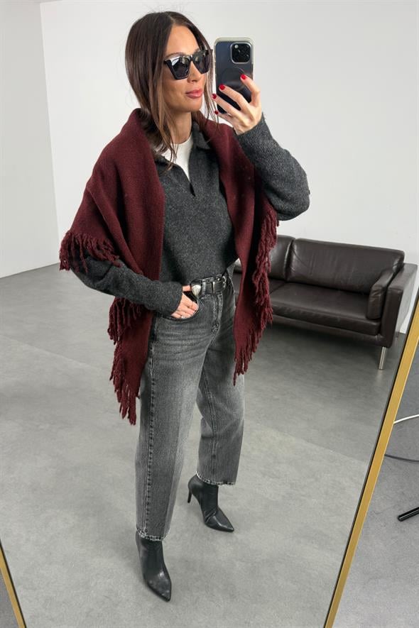 Bordo Püsküllü Üçgen Atkı 16004