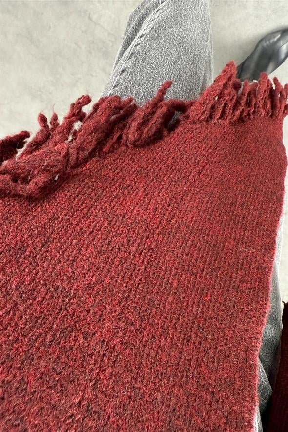 Bordo Püsküllü Üçgen Atkı 16004