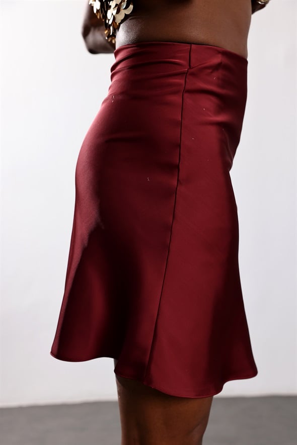 Bordo Saten Mini Etek 