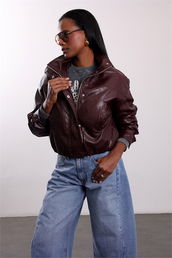 Bordo Suni Deri Bomber Ceket 100020