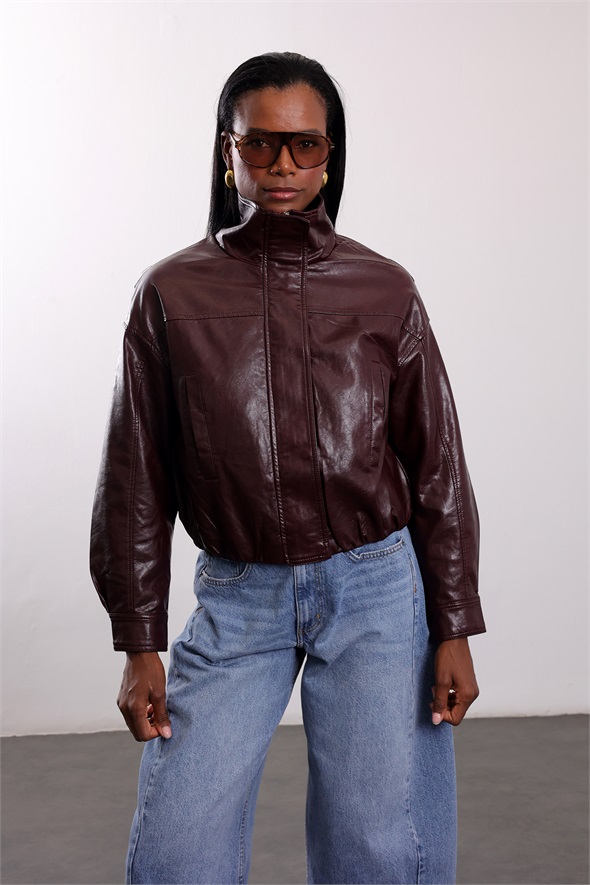 Bordo Suni Deri Bomber Ceket 100020