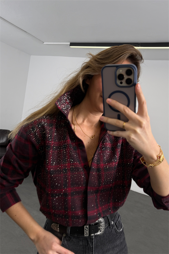 Bordo Taş Detaylı Kareli Gömlek 