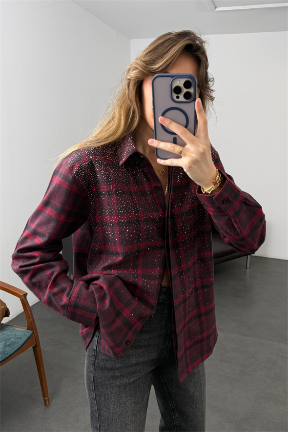 Bordo Taş Detaylı Kareli Gömlek 