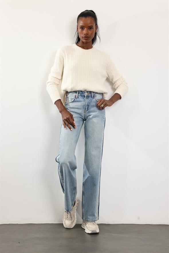Buz Mavi Orta Bel Wide Leg Jean 