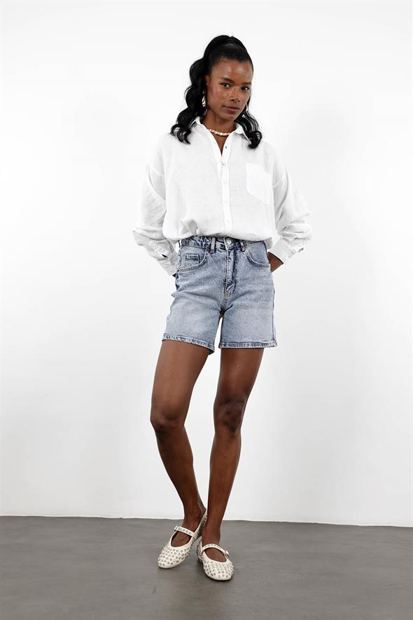 Buz Mavi Taşlı Denim Şort 