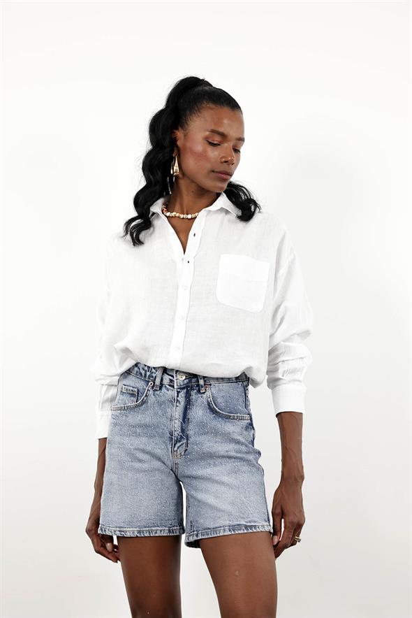 Buz Mavi Taşlı Denim Şort 