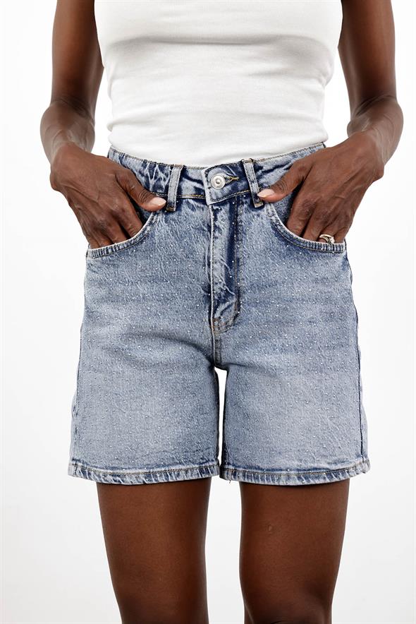 Buz Mavi Taşlı Denim Şort 