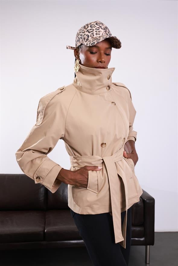 Camel Dik Yaka Kemerli Trençkot 