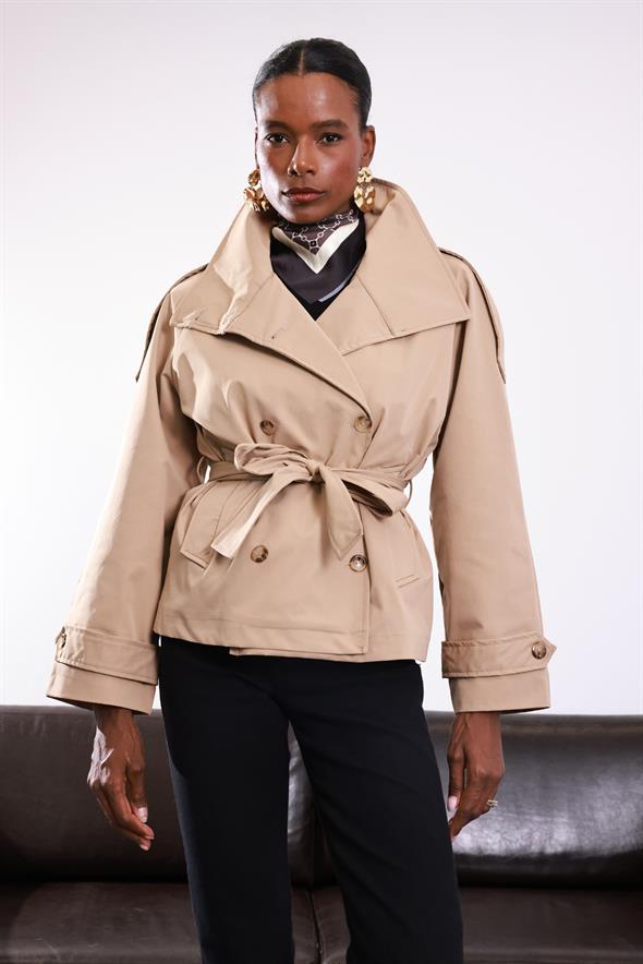 Camel Dik Yaka Kemerli Trençkot 