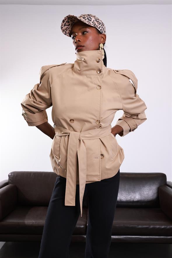 Camel Dik Yaka Kemerli Trençkot 