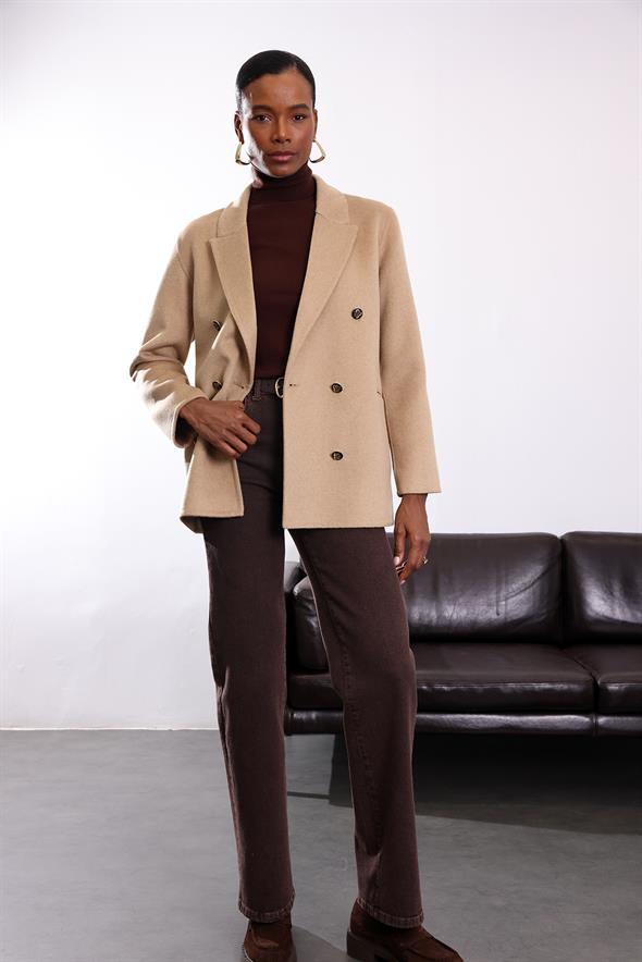 Camel Gold Düğme Detaylı Premium Yün Ceket 