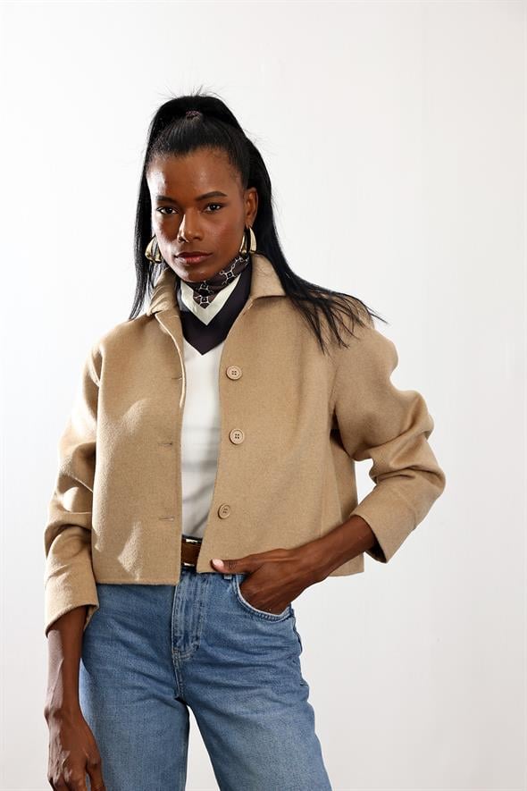 Camel Gömlek Yaka Kısa Yün Ceket 