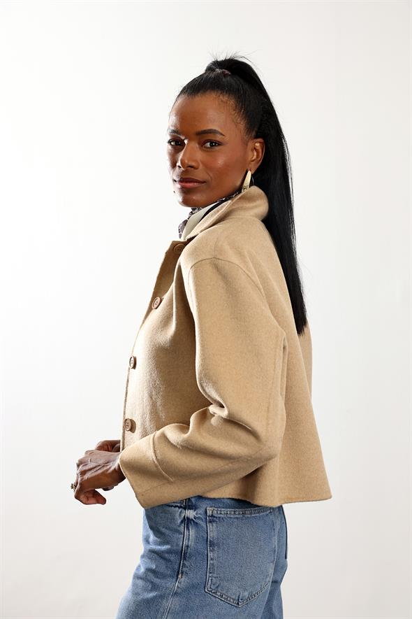 Camel Gömlek Yaka Kısa Yün Ceket 