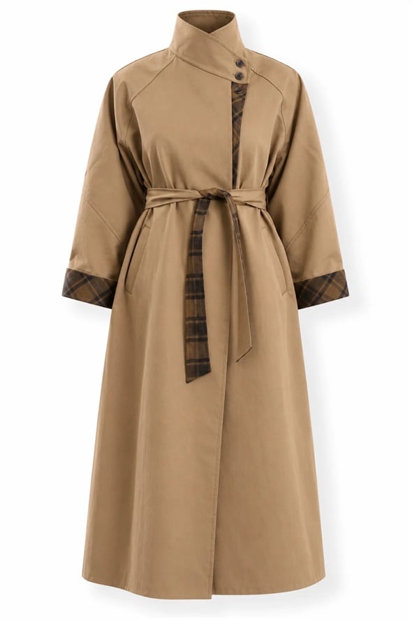 Camel Kuşaklı Ekose Detaylı Trençkot 9839
