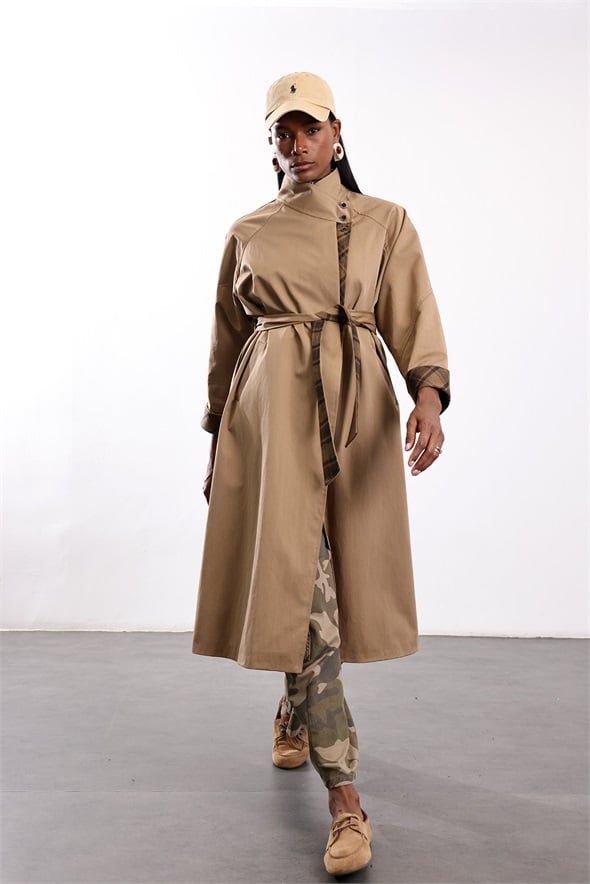 Camel Kuşaklı Ekose Detaylı Trençkot 9839