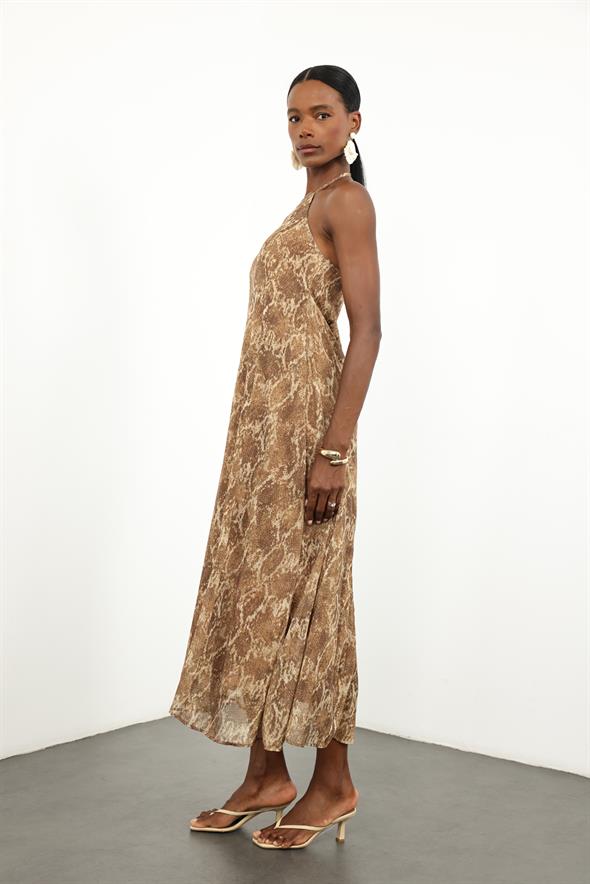 Camel Yılan Desen Şifon Elbise 36625