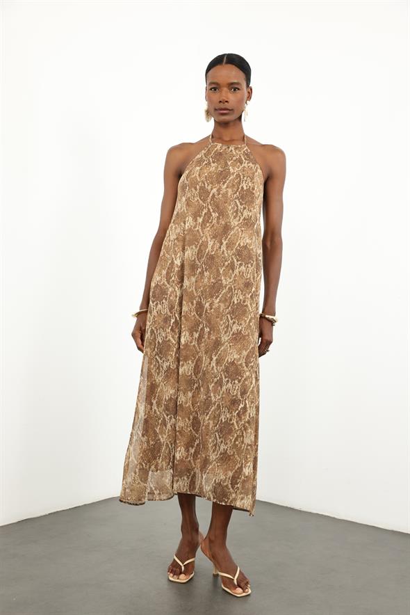 Camel Yılan Desen Şifon Elbise 36625