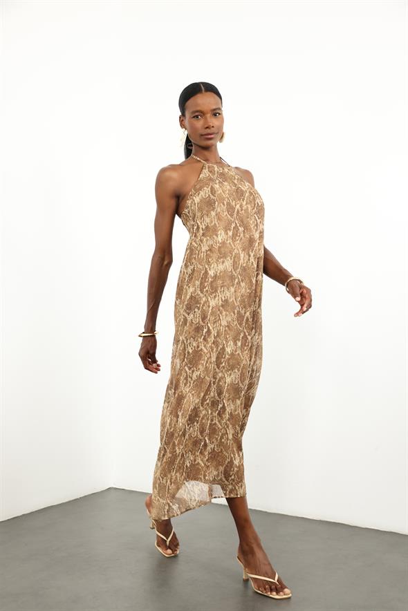 Camel Yılan Desen Şifon Elbise 36625