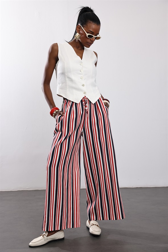 Çizgili Saint Tropez %100 Keten Lino Pantolon 