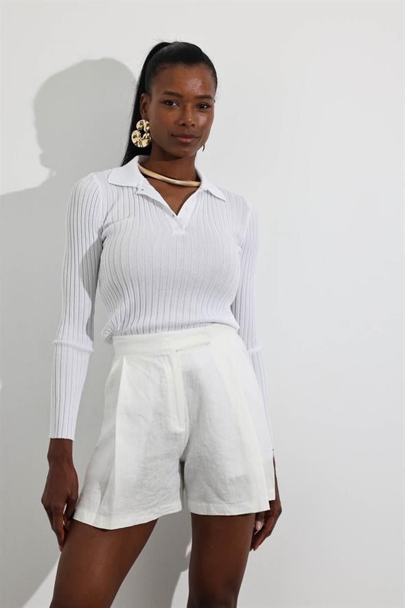 Ekru %100 Keten Klasik Şort 