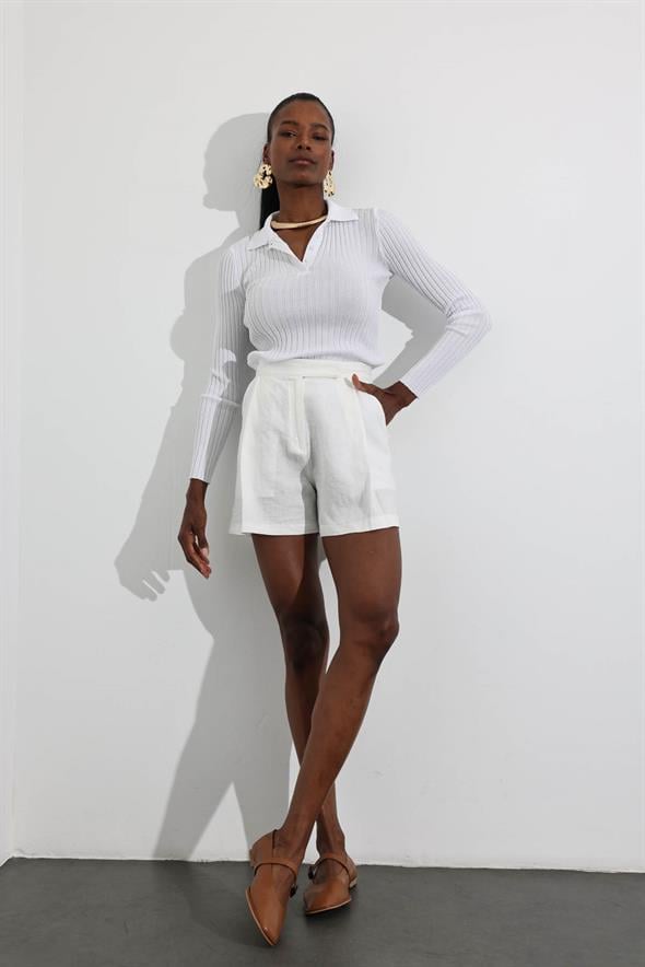 Ekru %100 Keten Klasik Şort 