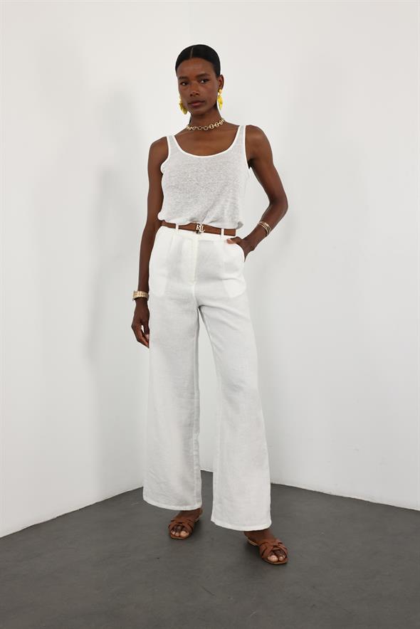 Ekru %100 Keten Palazzo Pantolon 