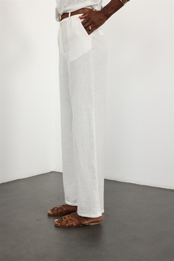 Ekru %100 Keten Palazzo Pantolon 