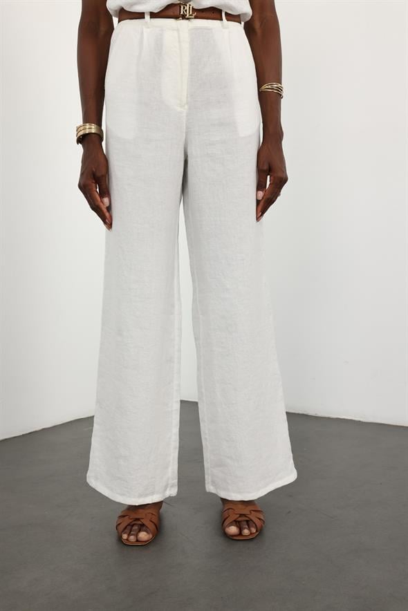 Ekru %100 Keten Palazzo Pantolon 
