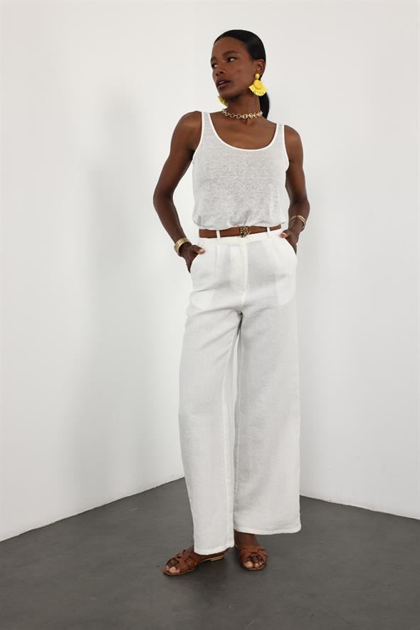 Ekru %100 Keten Palazzo Pantolon 
