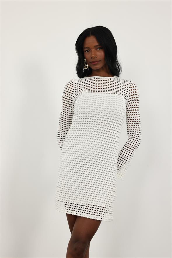 Ekru Astarlı Triko Mini Elbise 