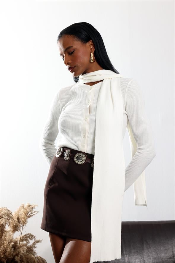 Ekru Atkı Detaylı Triko Hırka 17757