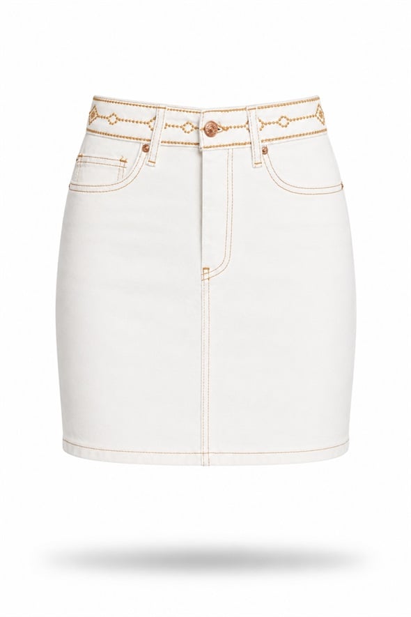 Ekru Bel Kısmı Desenli Denim Etek 1040
